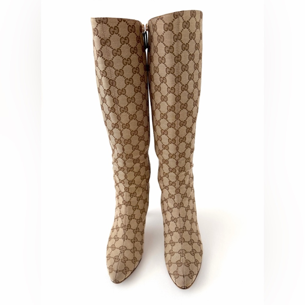 Gucci Beige Monogram Knee-High Heeled Boots - Picture 5 of 16